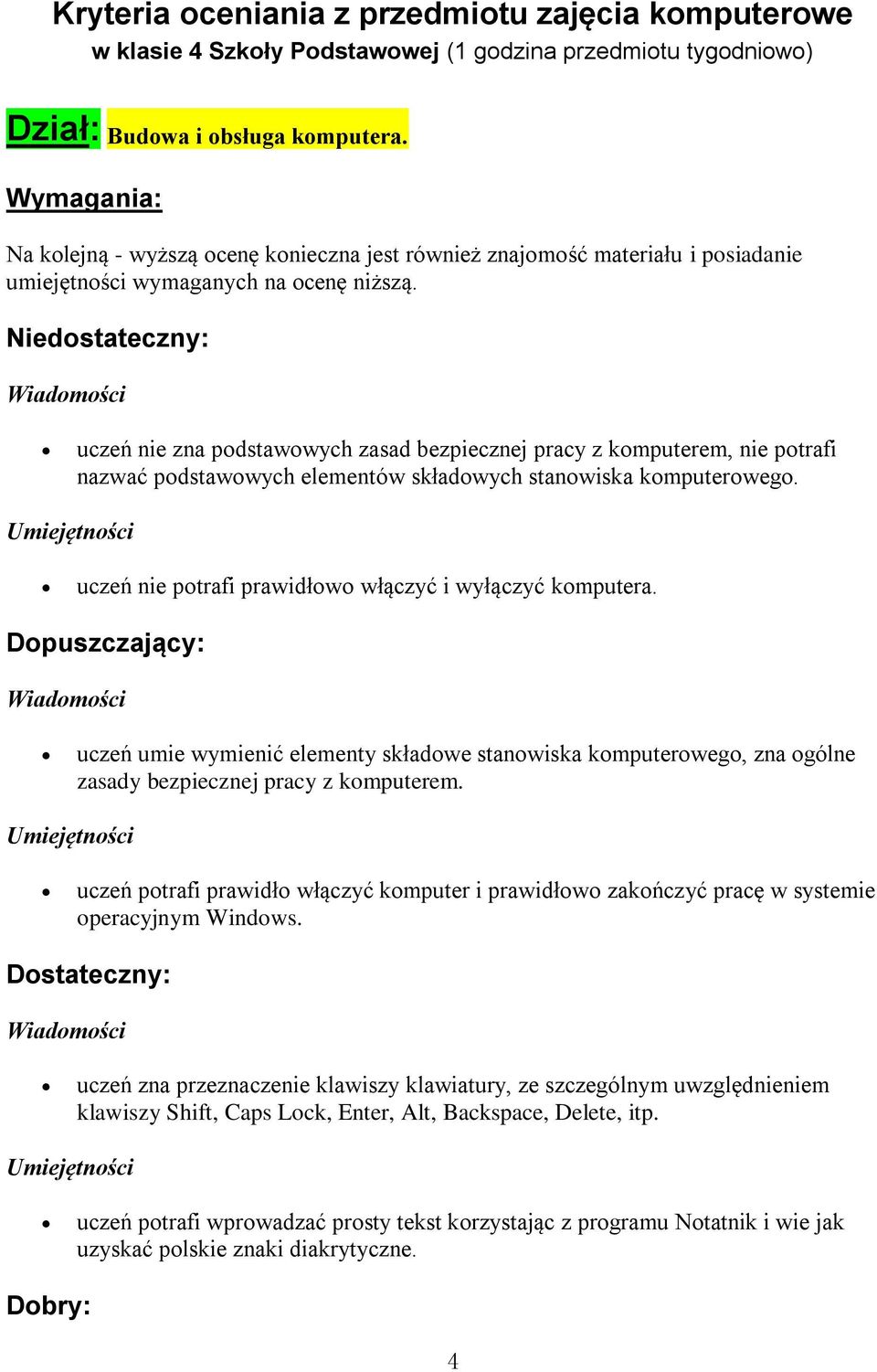 Niedstateczny: uczeń nie zna pdstawwych zasad bezpiecznej pracy z kmputerem, nie ptrafi nazwać pdstawwych elementów składwych stanwiska kmputerweg.