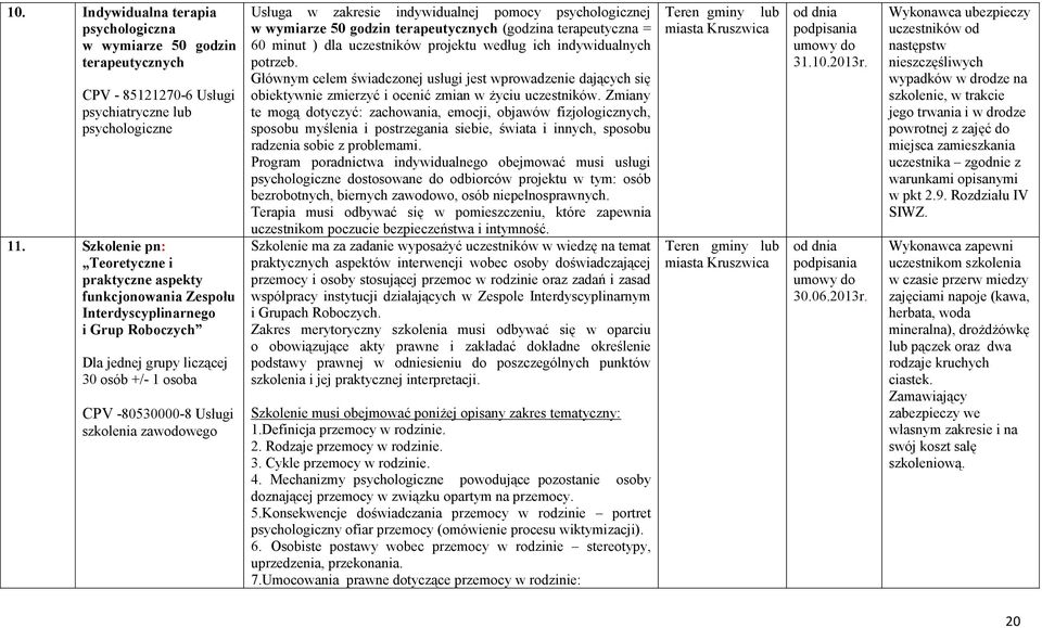Usługa w zakresie indywidualnej pomocy psychologicznej w wymiarze 50 godzin terapeutycznych (godzina terapeutyczna = 60 minut ) dla uczestników projektu według ich indywidualnych potrzeb.