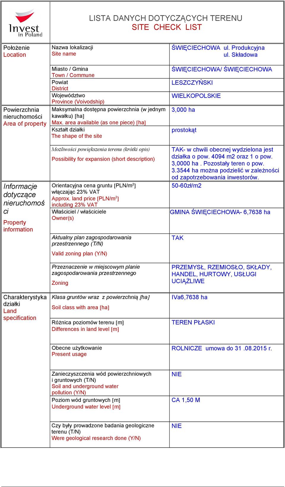 area available (as one piece) ha Kształt działki The shape of the site Możliwości powiększenia terenu (krótki opis) Possibility for expansion (short description) Informacje dotyczące nieruchomoś ci