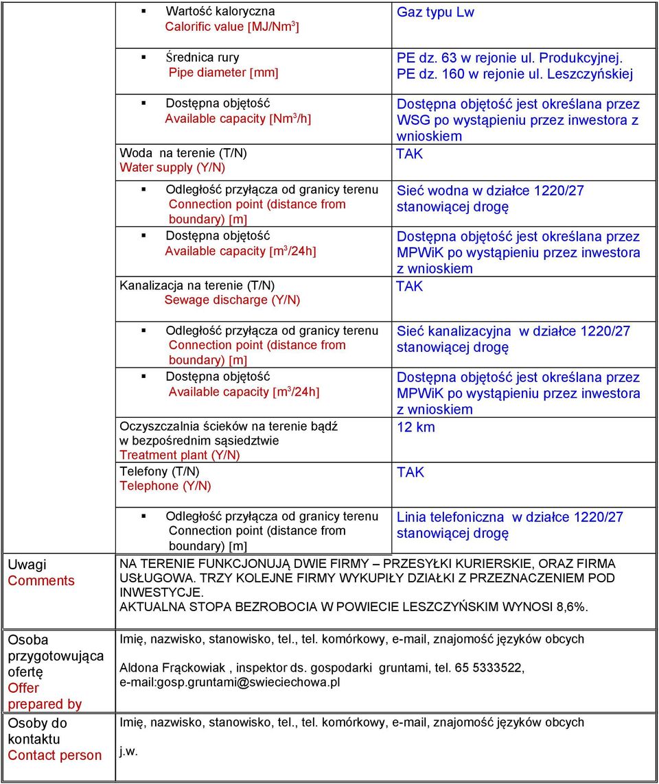 przyłącza od granicy terenu Dostępna objętość Available capacity m3/24h Kanalizacja na terenie (T/N) Sewage discharge (Y/N) Odległość przyłącza od granicy terenu Dostępna objętość Available capacity