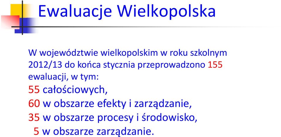 ewaluacji, w tym: 55 całościowych, 60 w obszarze efekty i