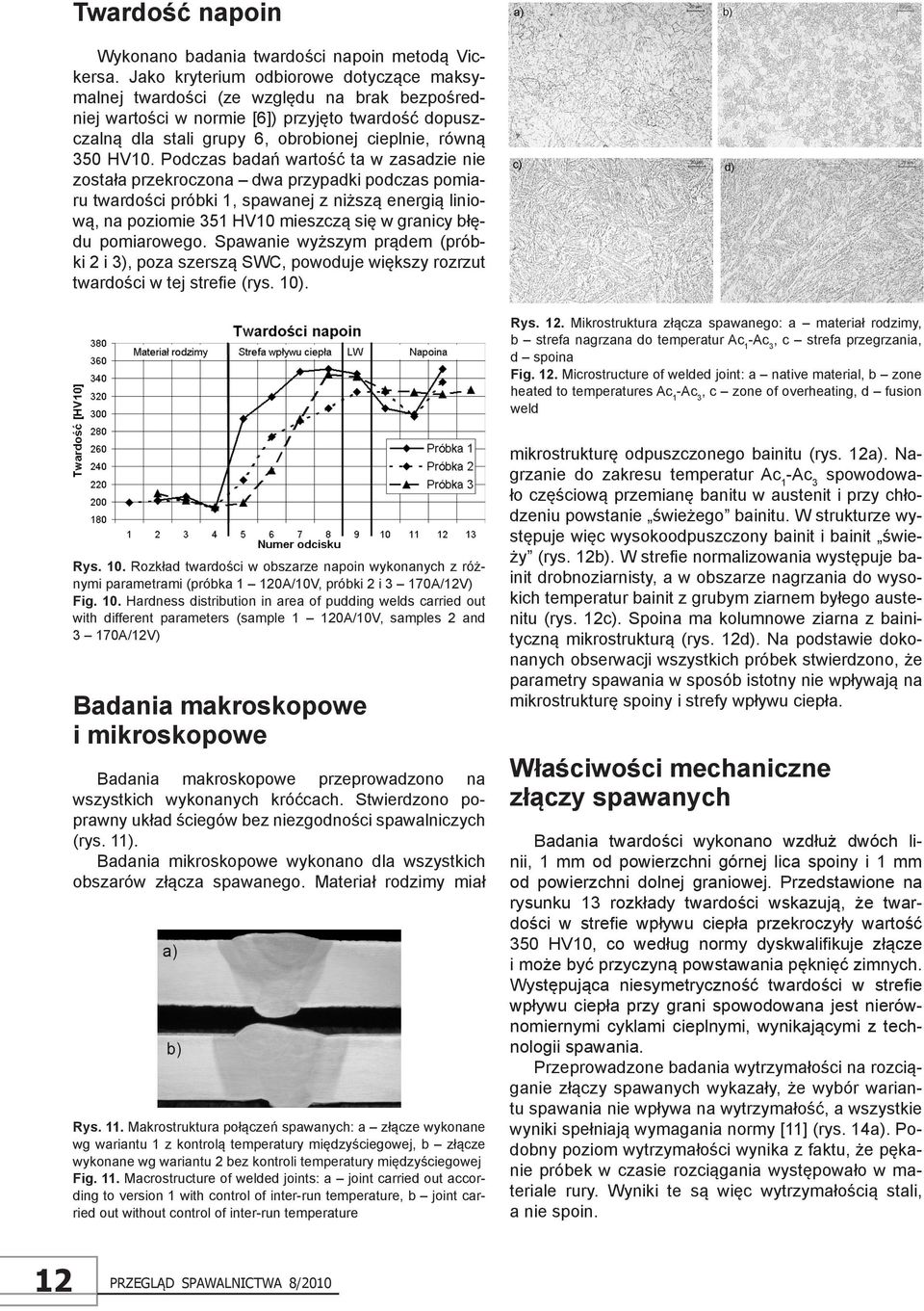 Podczas badań wartość ta w zasadzie nie została przekroczona dwa przypadki podczas pomiaru twardości próbki 1, spawanej z niższą energią liniową, na poziomie 351 HV10 mieszczą się w granicy błędu