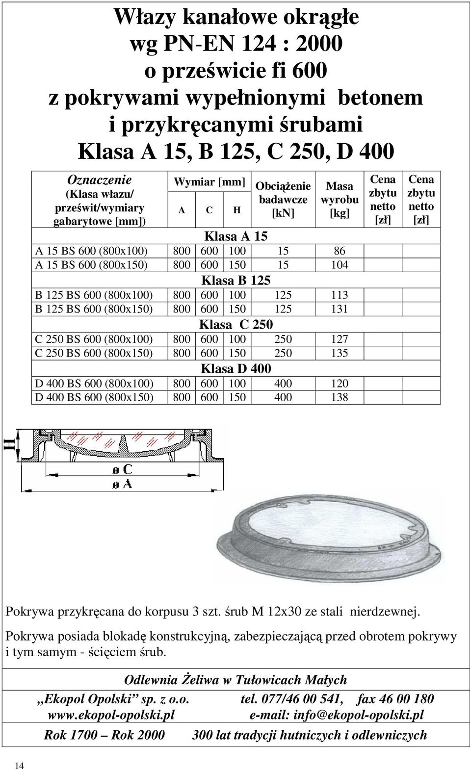 600 100 250 127 C 250 BS 600 (800x150) 800 600 150 250 135 Klasa D 400 D 400 BS 600 (800x100) 800 600 100 400 120 D 400 BS 600 (800x150) 800 600 150 400 138 Pokrywa