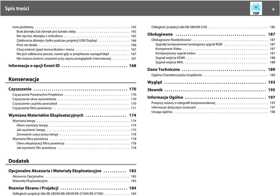 ....... 167 Informcje o opcji Event ID... 168 Konserwcj Czyszczenie... 170 Czyszczenie Powierzchni Projektor... 170 Czyszczenie okn wyświetlni... 170 Czyszczenie czujnik przeszkód.