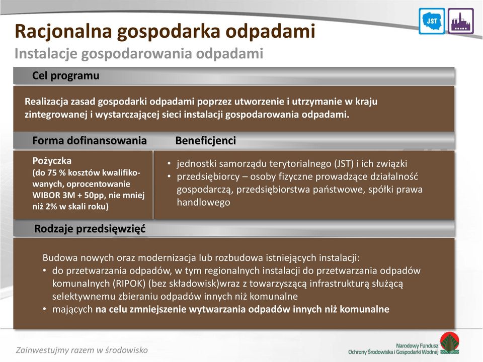 Pożyczka (do 75 % kosztów kwalifikowanych, oprocentowanie WIBOR 3M + 50pp, nie mniej niż 2% w skali roku) jednostki samorządu terytorialnego (JST) i ich związki przedsiębiorcy osoby fizyczne