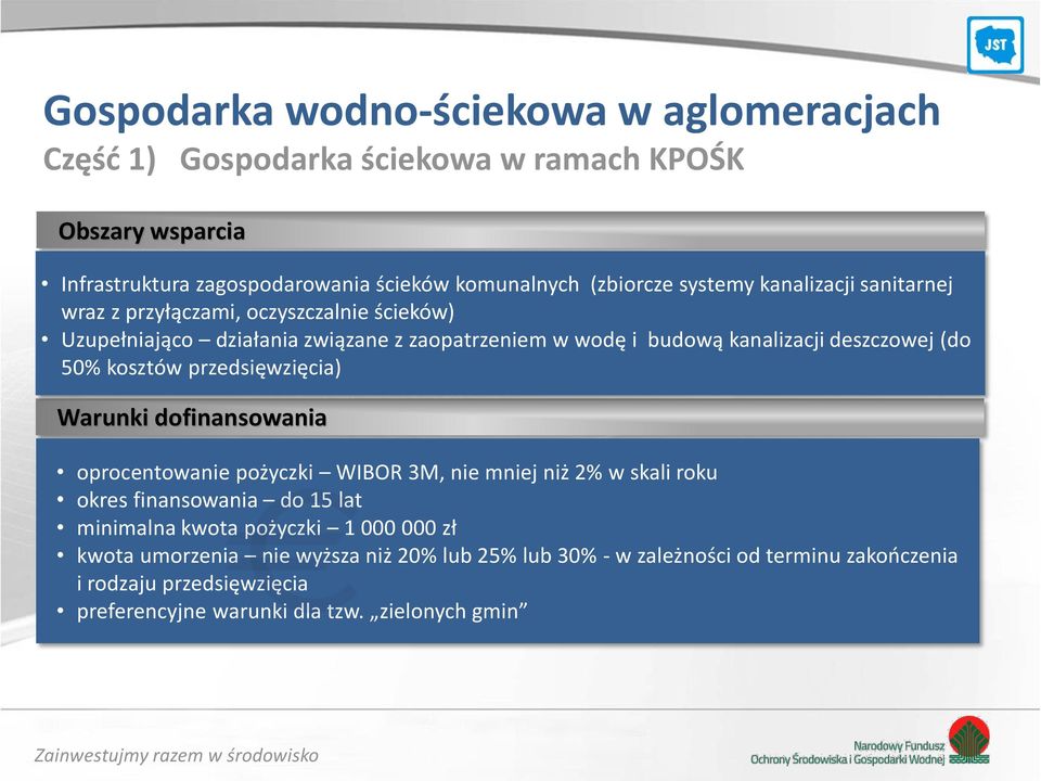 50% kosztów przedsięwzięcia) Warunki dofinansowania oprocentowanie pożyczki WIBOR 3M, nie mniej niż 2% w skali roku okres finansowania do 15 lat minimalna kwota