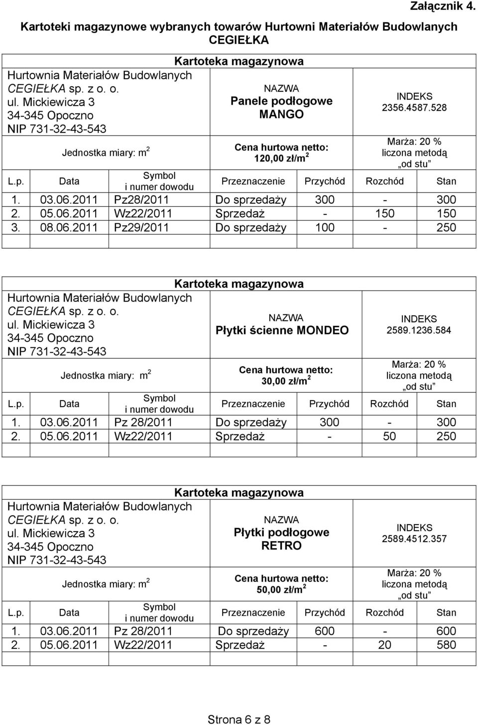 MANGO INDEKS 2356.4587.528 Marża: 20 % Cena hurtowa netto: 120,00 zł/m 2 liczona metodą od stu Przeznaczenie Przychód Rozchód Stan 1. 03.06.2011 Pz28/2011 Do sprzedaży 300-300 2. 05.06.2011 Wz22/2011 Sprzedaż - 150 150 3.