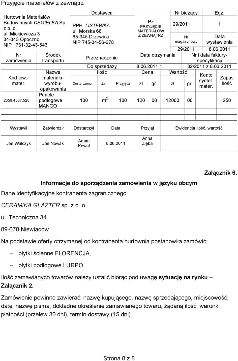 29/2011 1 Nr magazynowy wystawienia 29/2011 8.06.2011 otrzymania Nr i data faktury- Przeznaczenie specyfikacji Do sprzedaży 8.06.2011 r. 82/2011 z 8.06.2011 Ilość Cena Wartość Konto Zapas syntet.