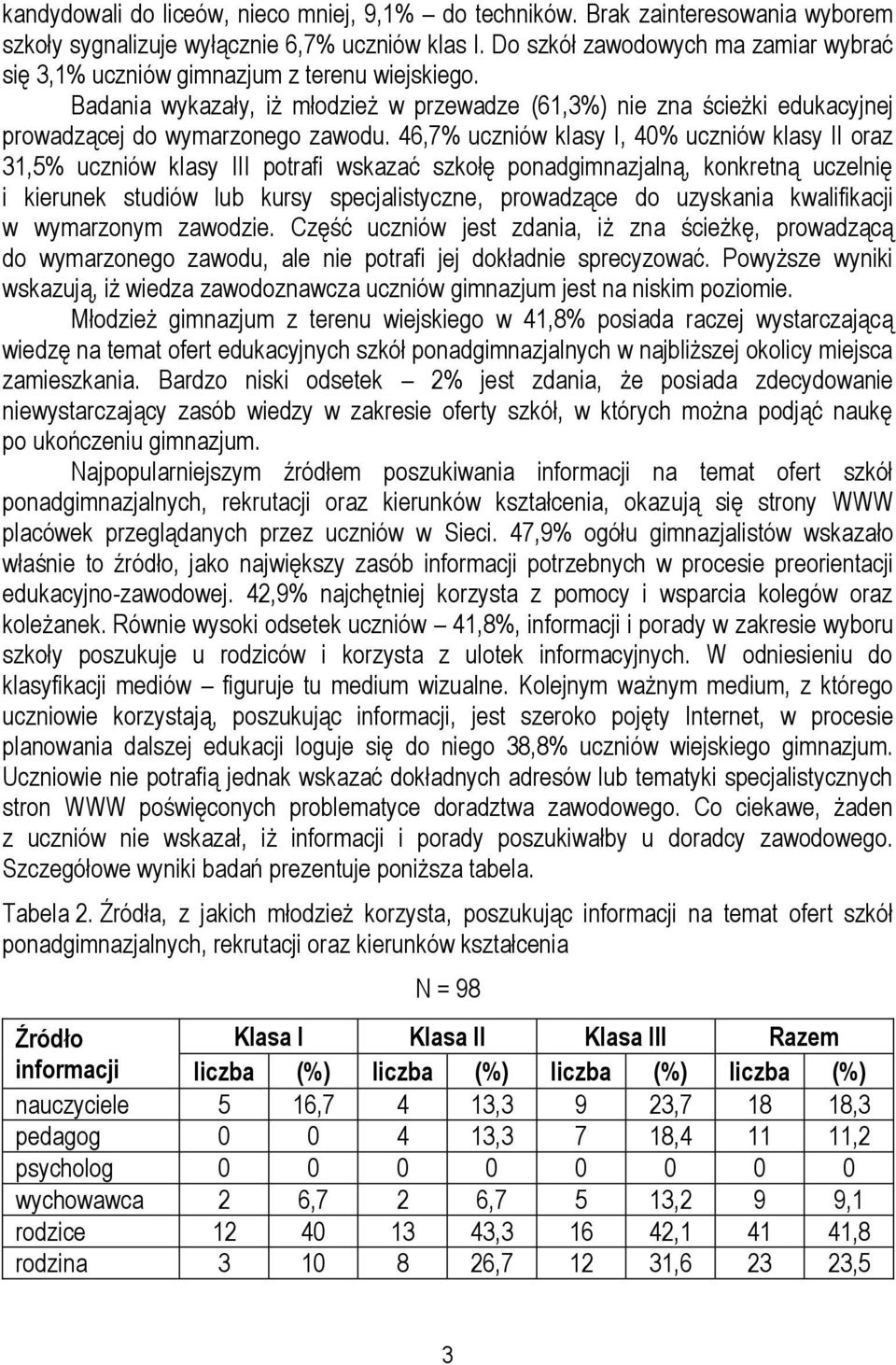 46,7% uczniów klasy I, 40% uczniów klasy II oraz 31,5% uczniów klasy III potrafi wskazać szkołę ponadgimnazjalną, konkretną uczelnię i kierunek studiów lub kursy specjalistyczne, prowadzące do