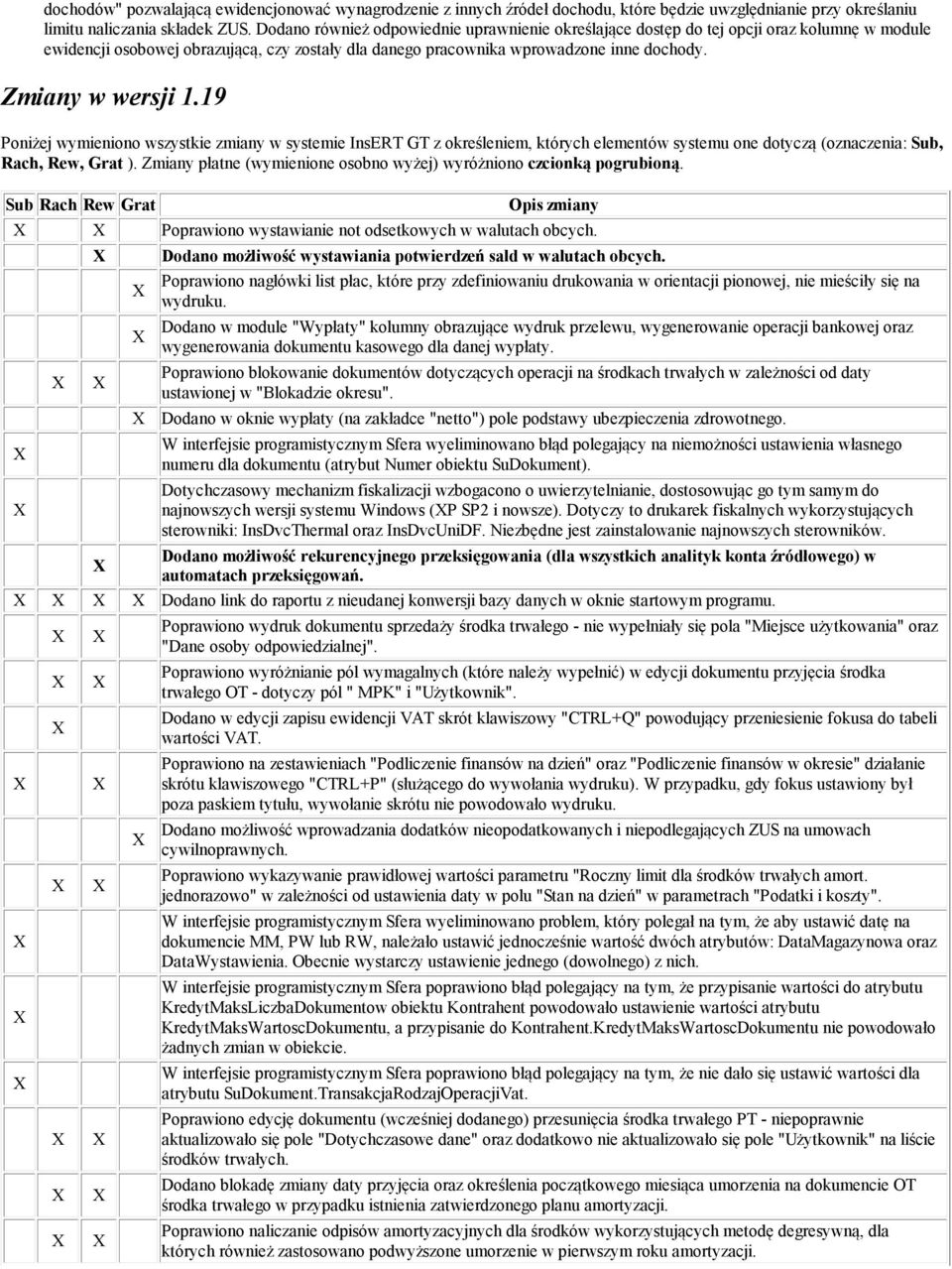 Zmiany w wersji 1.19 Poniżej wymieniono wszystkie zmiany w systemie InsERT GT z określeniem, których elementów systemu one dotyczą (oznaczenia: Sub, Rach, Rew, Grat ).