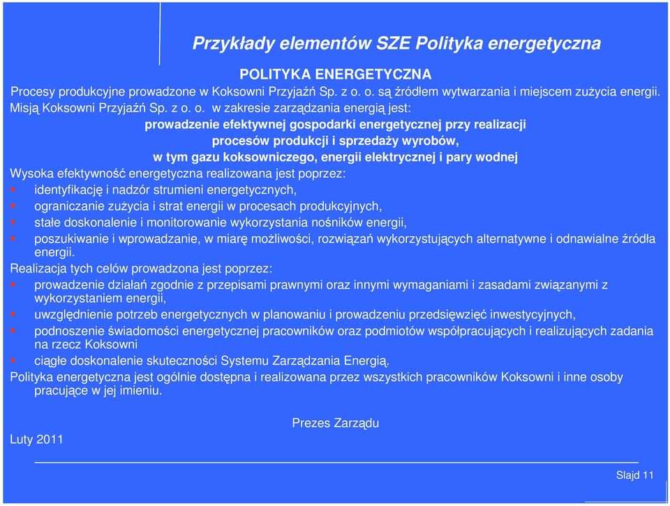 o. w zakresie zarządzania energią jest: prowadzenie efektywnej gospodarki energetycznej przy realizacji procesów produkcji i sprzedaży wyrobów, w tym gazu koksowniczego, energii elektrycznej i pary