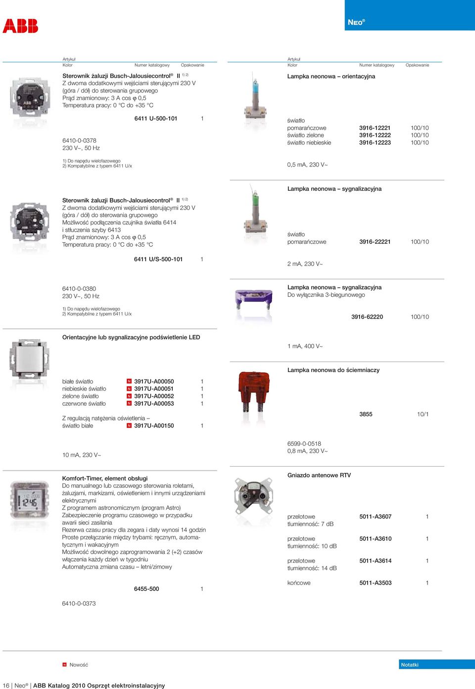 3916-12222 100/10 światło niebieskie 3916-12223 100/10 0,5 ma, 230 V~ Lampka neonowa sygnalizacyjna Sterownik żaluzji Busch-Jalousiecontrol 1) 2) II Z dwoma dodatkowymi wejściami sterującymi 230 V