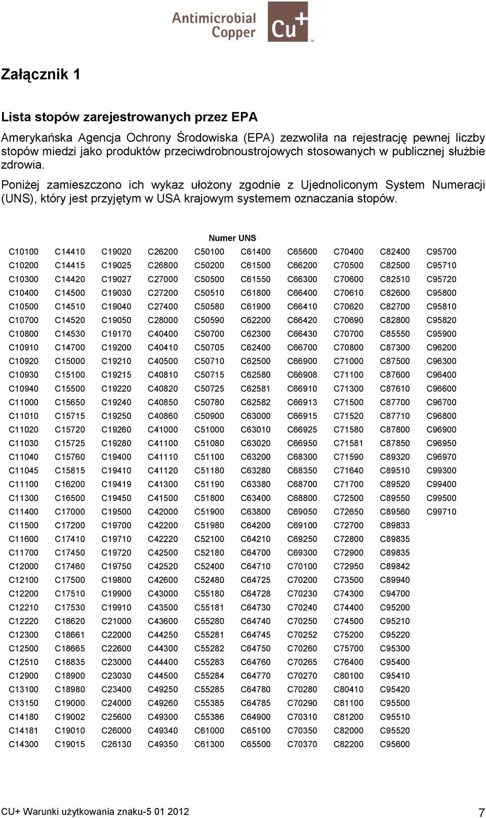 Numer UNS C10100 C14410 C19020 C26200 C50100 C61400 C65600 C70400 C82400 C95700 C10200 C14415 C19025 C26800 C50200 C61500 C66200 C70500 C82500 C95710 C10300 C14420 C19027 C27000 C50500 C61550 C66300