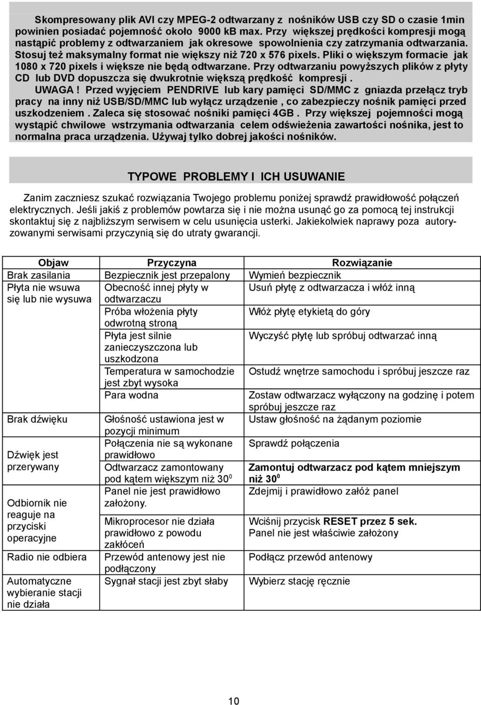 Pliki o większym formacie jak 1080 x 720 pixels i większe nie będą odtwarzane. Przy odtwarzaniu powyższych plików z płyty CD lub DVD dopuszcza się dwukrotnie większą prędkość kompresji. UWAGA!