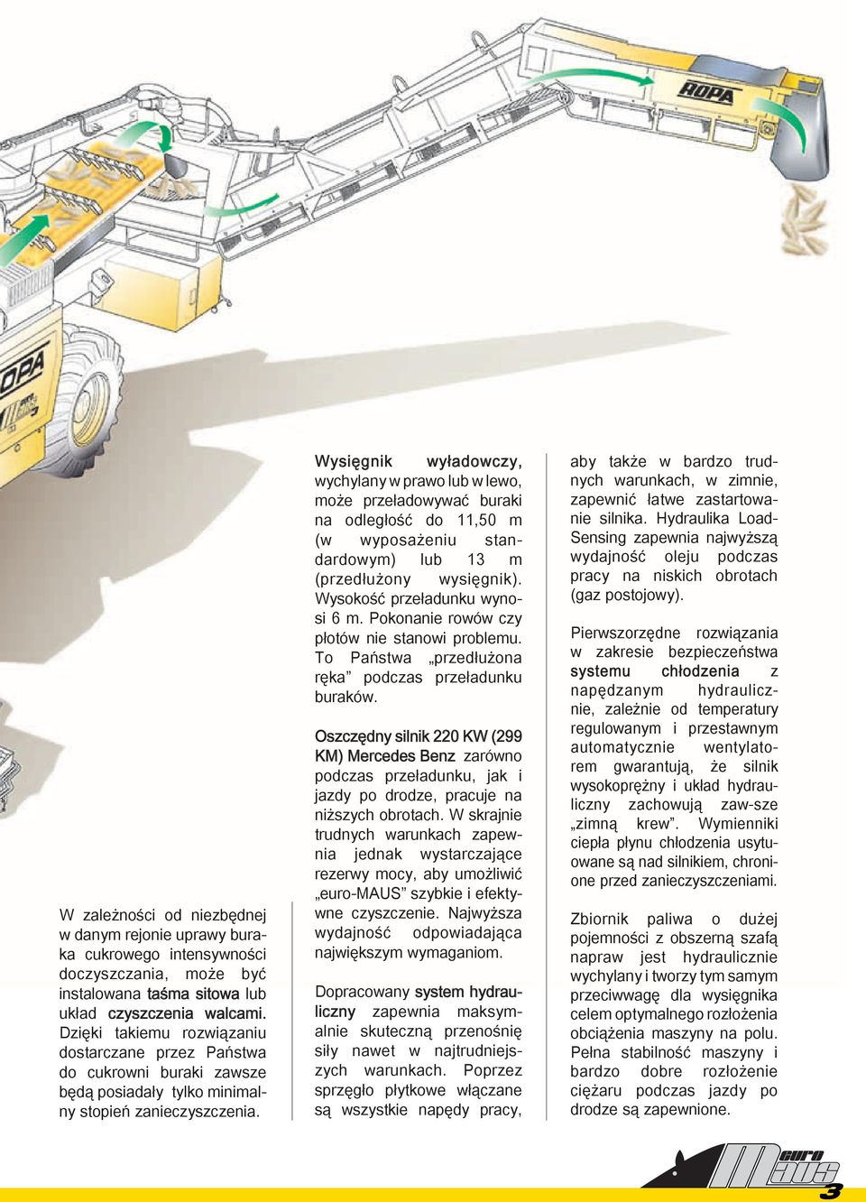 Wysięgnik wyładowczy, wychylany w prawo lub w lewo, może przeładowywać buraki na odległość do 11,50 m (w wyposażeniu standardowym) lub 13 m (przedłużony wysięgnik). Wysokość przeładunku wynosi 6 m.