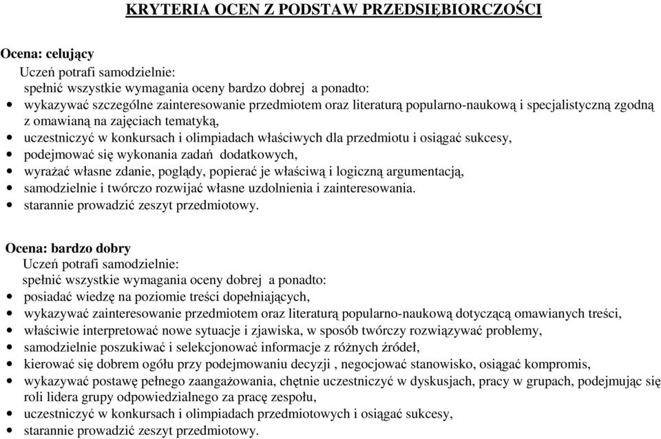 zadań dodatkowych, wyraŝać własne zdanie, poglądy, popierać je właściwą i logiczną argumentacją, samodzielnie i twórczo rozwijać własne uzdolnienia i zainteresowania.