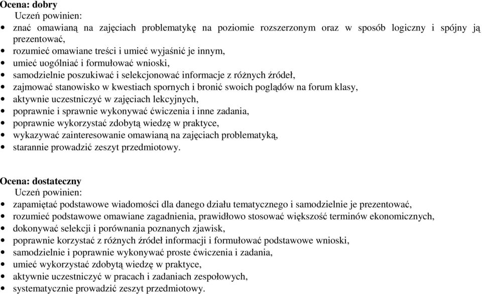 uczestniczyć w zajęciach lekcyjnych, poprawnie i sprawnie wykonywać ćwiczenia i inne zadania, poprawnie wykorzystać zdobytą wiedzę w praktyce, wykazywać zainteresowanie omawianą na zajęciach