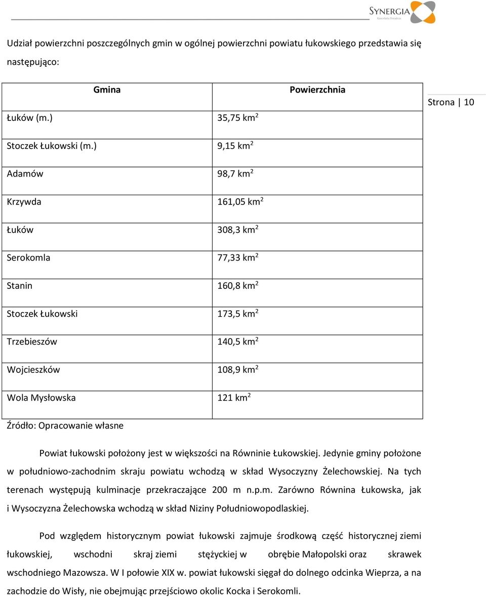 km 2 Źródło: Opracowanie własne Powiat łukowski położony jest w większości na Równinie Łukowskiej.