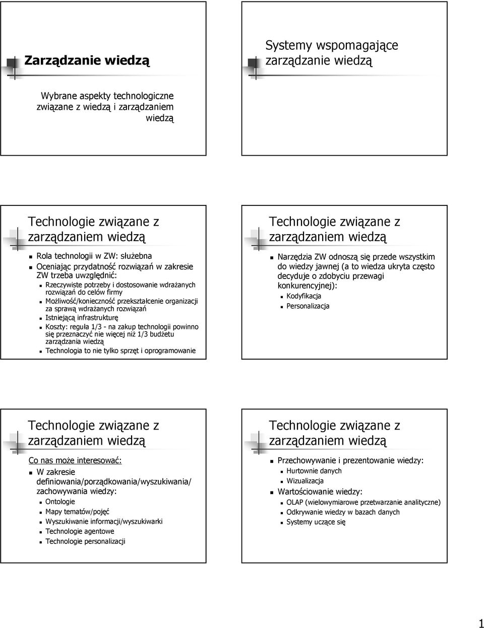 sprawą wdrażanych rozwiązań Istniejącą infrastrukturę Technologie związane z zarządzaniem wiedzą Narzędzia ZW odnoszą się przede wszystkim do wiedzy jawnej (a to wiedza ukryta często decyduje o