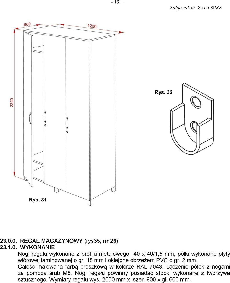 półki wykonane płyty wiórowej laminowanej o gr. 18 mm i oklejone obrzeżem PVC o gr. 2 mm.