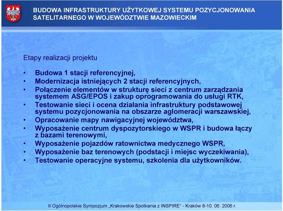 systemu pozycjonowania na obszarze aglomeracji warszawskiej, Opracowanie mapy nawigacyjnej województwa, Wyposażenie centrum dyspozytorskiego w WSPR i budowa łączy z bazami terenowymi, Wyposażenie