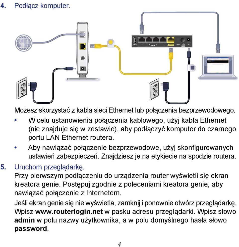 Aby nawiązać połączenie bezprzewodowe, użyj skonfigurowanych ustawień zabezpieczeń. Znajdziesz je na etykiecie na spodzie routera. 5. Uruchom przeglądarkę.