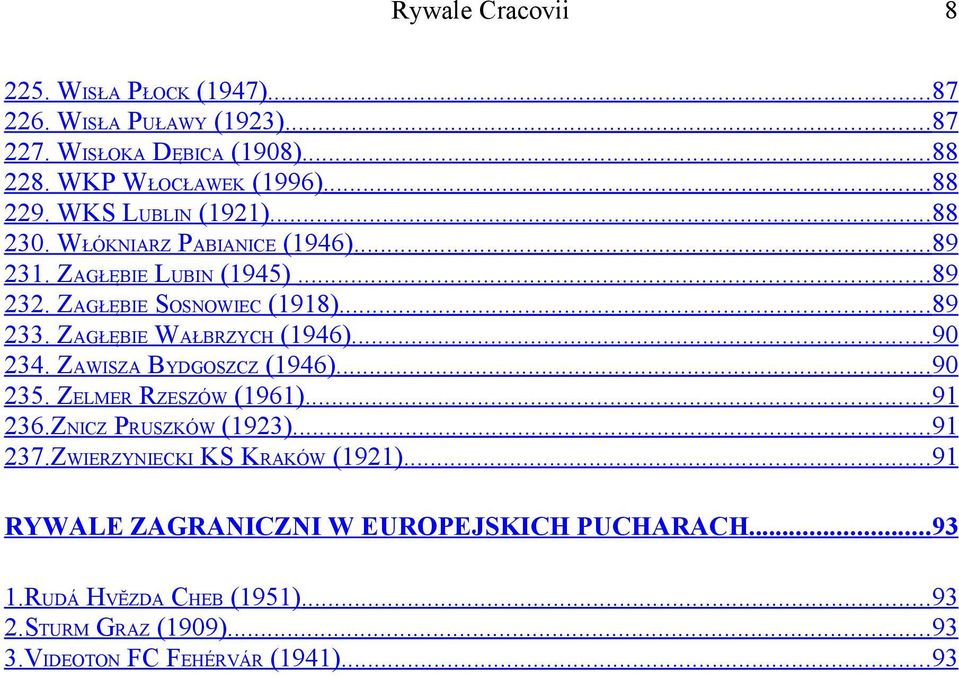 ZAGŁĘBIE WAŁBRZYCH (1946)... 90 234. ZAWISZA BYDGOSZCZ (1946)... 90 235. ZELMER RZESZÓW (1961)... 91 236.ZNICZ PRUSZKÓW (1923)... 91 237.