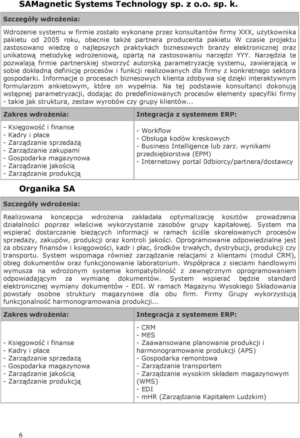 najlepszych praktykach biznesowych branŝy elektronicznej oraz unikatową metodykę wdroŝeniową, opartą na zastosowaniu narzędzi YYY.