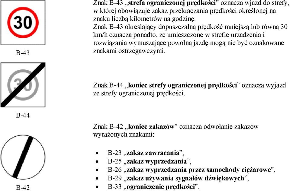 oznakowane znakami ostrzegawczymi. Znak B-44 koniec strefy ograniczonej prędkości oznacza wyjazd ze strefy ograniczonej prędkości.