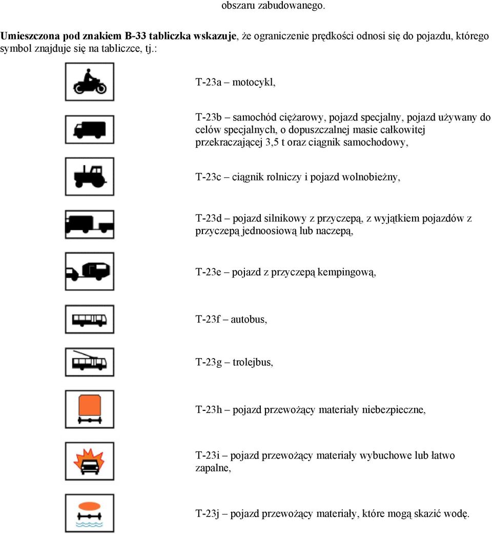 T-23c ciągnik rolniczy i pojazd wolnobieżny, T-23d pojazd silnikowy z przyczepą, z wyjątkiem pojazdów z przyczepą jednoosiową lub naczepą, T-23e pojazd z przyczepą kempingową,