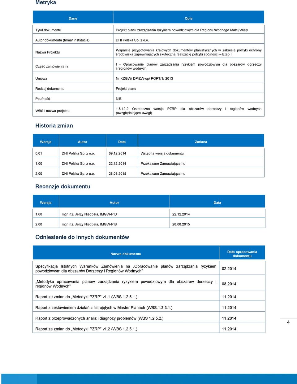 zarządzania ryzykiem powodziowym dla obszarów dorzeczy i regionów wodnych Umowa Nr KZGW/ DPiZW-op/ POPT/1/ 2013 Rodzaj dokumentu Poufność WBS i nazwa projektu Projekt planu NIE 1.8.12.