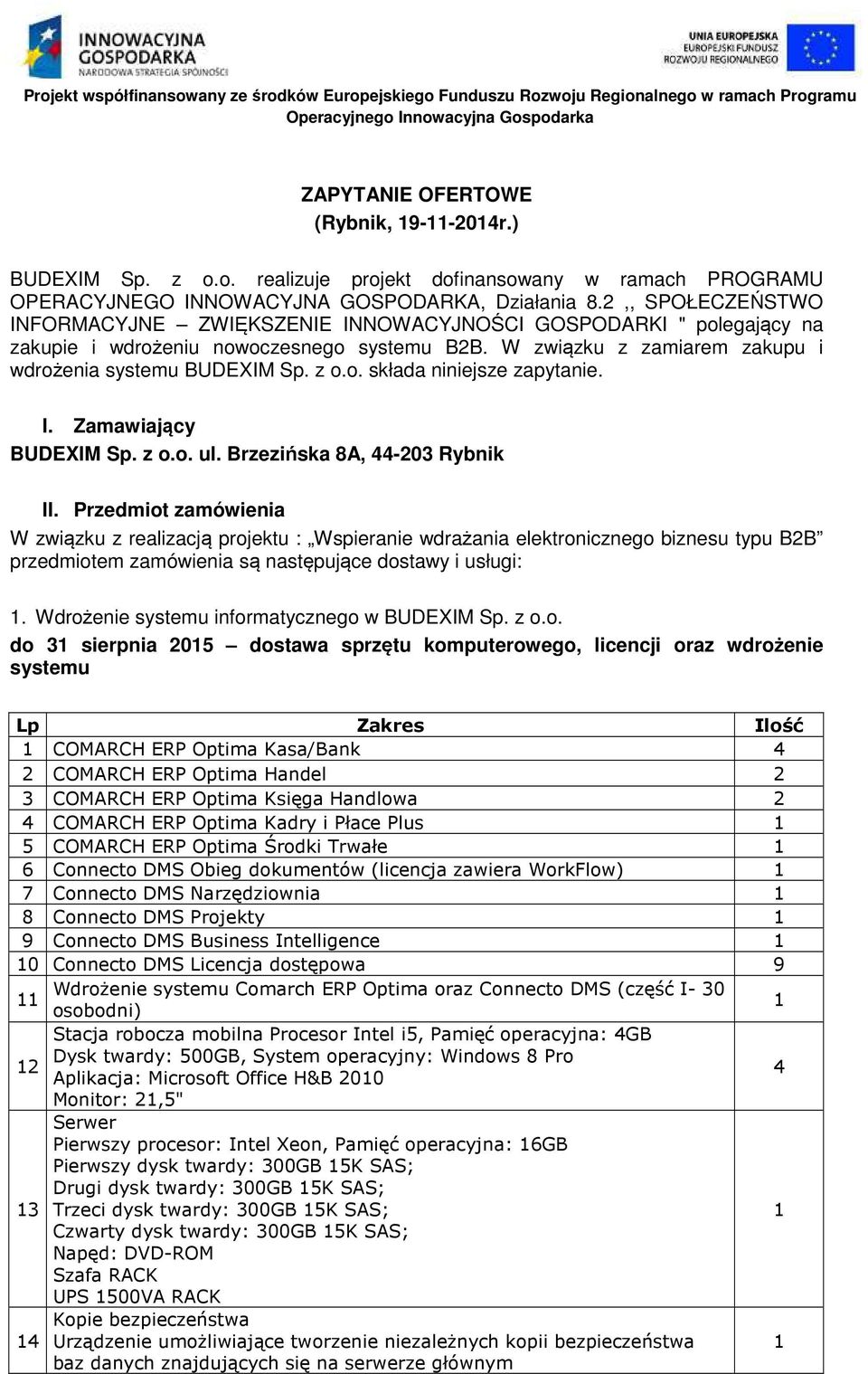 I. Zamawiający BUDEXIM Sp. z o.o. ul. Brzezińska 8A, 44-203 Rybnik II.