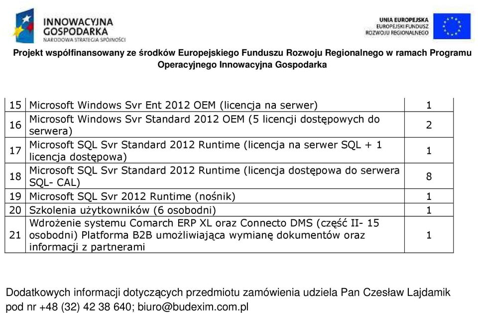 Runtime (nośnik) 20 Szkolenia użytkowników (6 osobodni) Wdrożenie systemu Comarch ERP XL oraz Connecto DMS (część II- 5 2 osobodni) Platforma B2B umożliwiająca wymianę