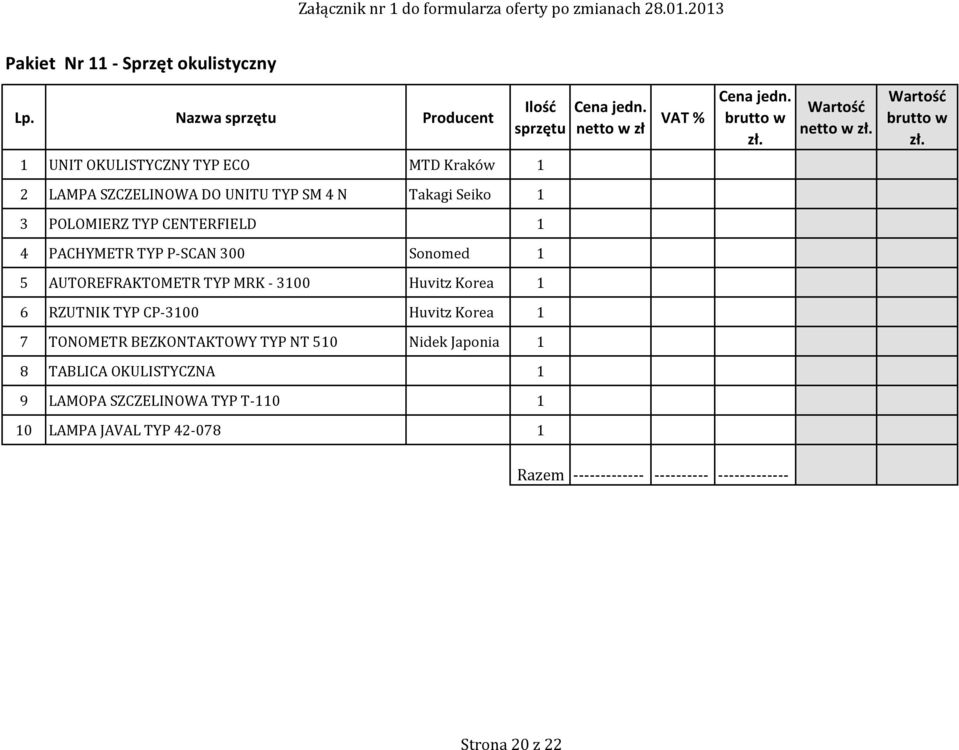 POLOMIERZ TYP CENTERFIELD 4 PACHYMETR TYP P-SCAN 300 Sonomed 5 AUTOREFRAKTOMETR TYP MRK - 300 Huvitz Korea 6 RZUTNIK TYP