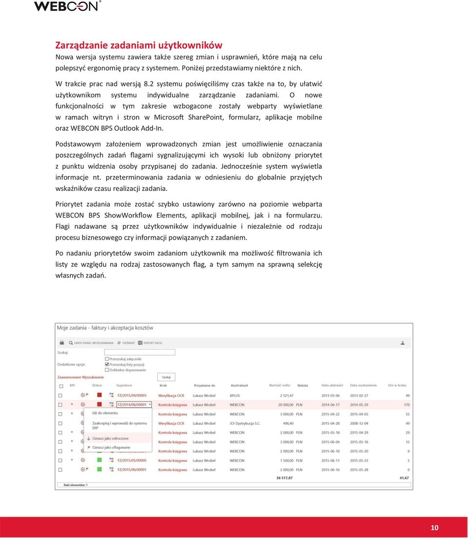 O nowe funkcjonalności w tym zakresie wzbogacone zostały webparty wyświetlane w ramach witryn i stron w Microsoft SharePoint, formularz, aplikacje mobilne oraz WEBCON BPS Outlook Add-In.