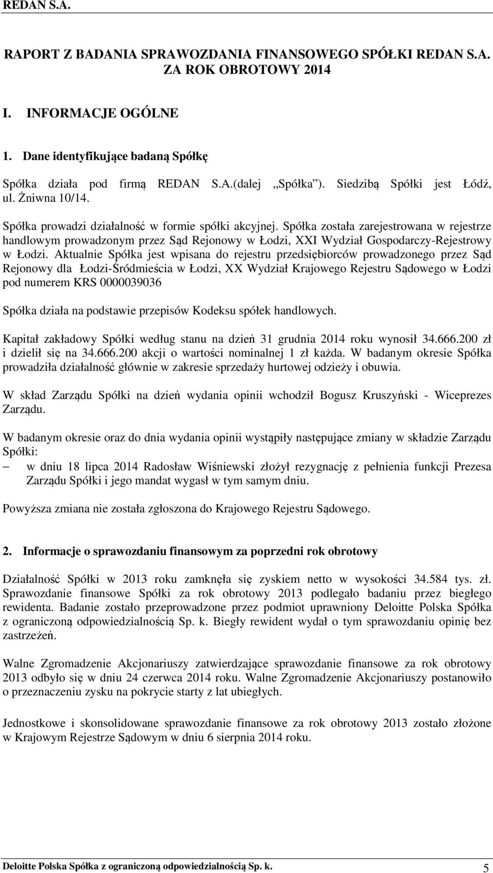 Spółka została zarejestrowana w rejestrze handlowym prowadzonym przez Sąd Rejonowy w Łodzi, XXI Wydział Gospodarczy-Rejestrowy w Łodzi.