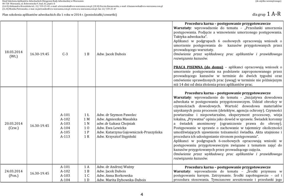 PRACA PISEMNA (do domu) aplikanci opracowują wniosek o umorzenie postępowania na podstawie zaproponowanego przez prowadzącego kazusów w terminie do dwóch tygodni oraz omówienie sprawdzonych prac