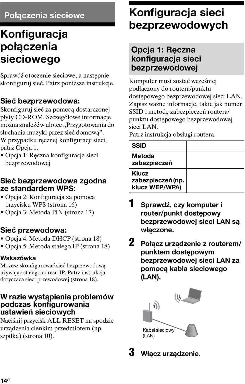 W przypadku ręcznej konfiguracji sieci, patrz Opcja 1.