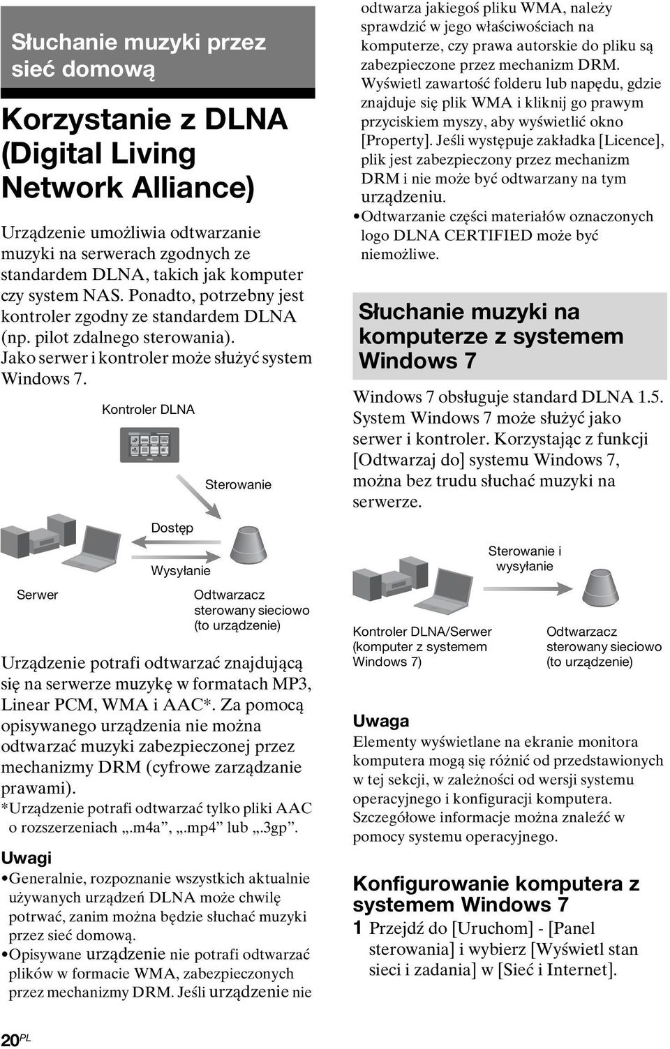 Serwer Kontroler DLNA Dostęp Wysyłanie Sterowanie Odtwarzacz sterowany sieciowo (to urządzenie) Urządzenie potrafi odtwarzać znajdującą się na serwerze muzykę w formatach MP3, Linear PCM, WMA i AAC*.