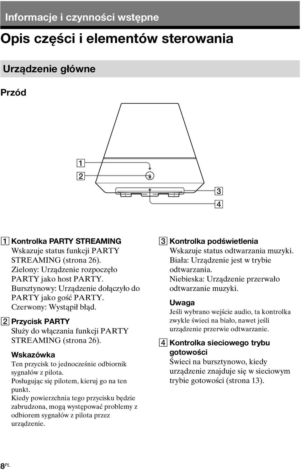 B Przycisk PARTY Służy do włączania funkcji PARTY STREAMING (strona 26). Wskazówka Ten przycisk to jednocześnie odbiornik sygnałów z pilota. Posługując się pilotem, kieruj go na ten punkt.
