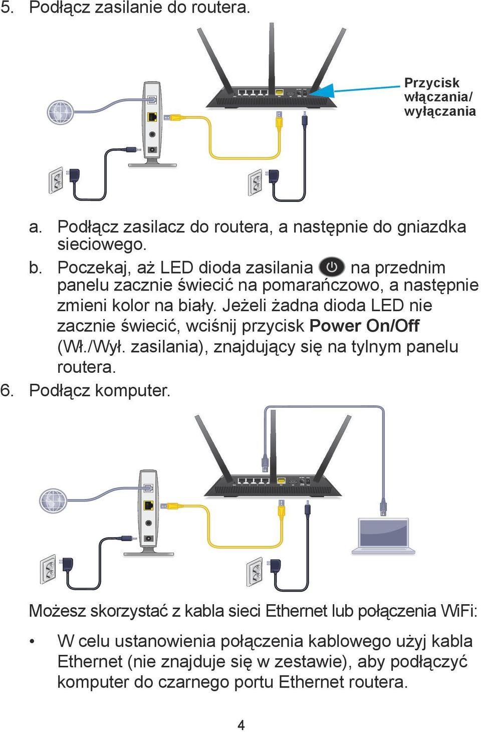 Jeżeli żadna dioda LED nie zacznie świecić, wciśnij przycisk Power On/Off (Wł./Wył. zasilania), znajdujący się na tylnym panelu routera. 6. Podłącz komputer.