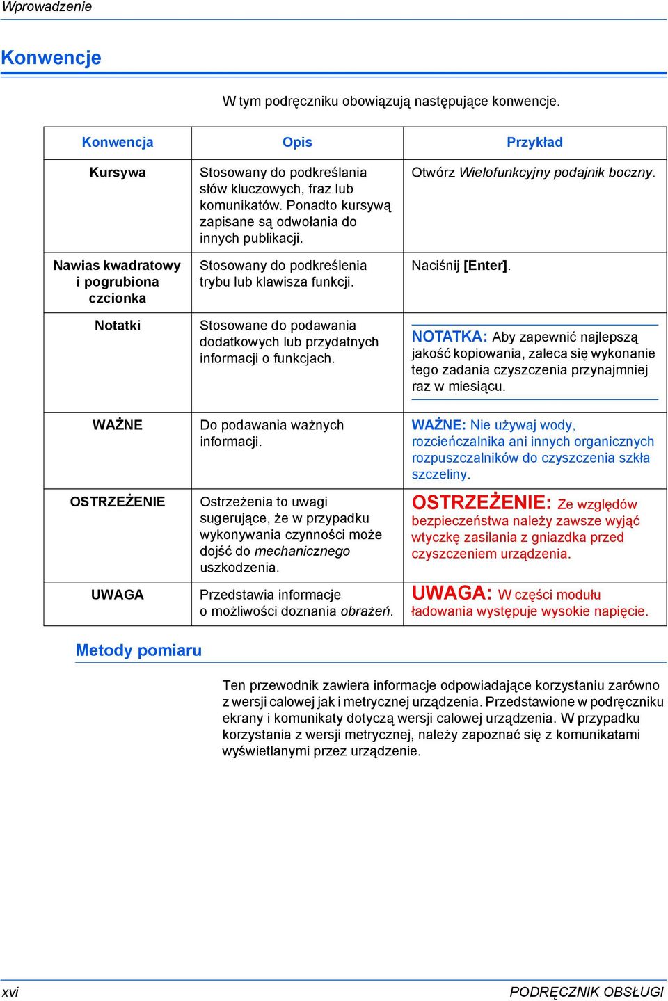 Ponadto kursywą zapisane są odwołania do innych publikacji. Stosowany do podkreślenia trybu lub klawisza funkcji. Stosowane do podawania dodatkowych lub przydatnych informacji o funkcjach.
