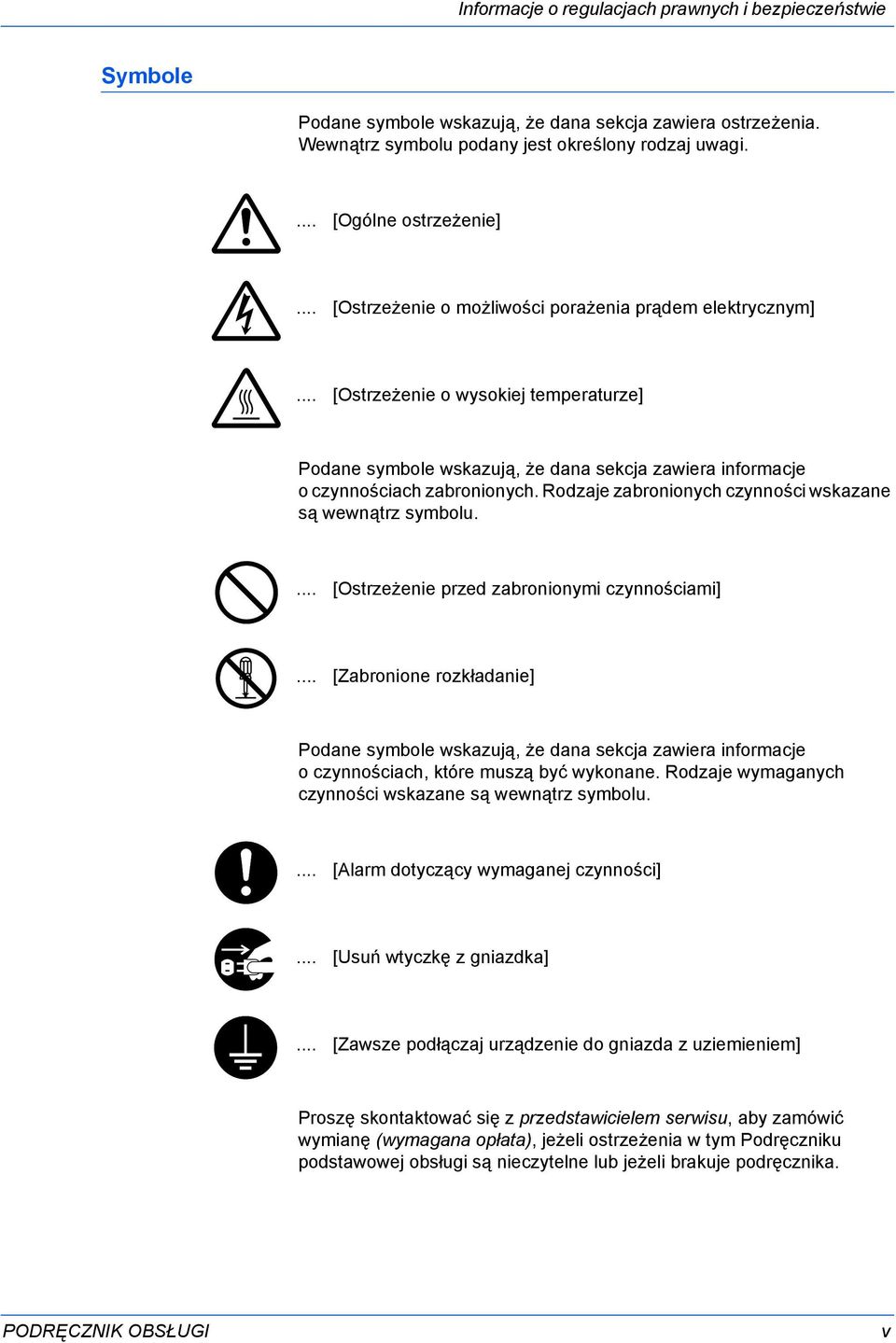 Rodzaje zabronionych czynności wskazane są wewnątrz symbolu.... [Ostrzeżenie przed zabronionymi czynnościami].