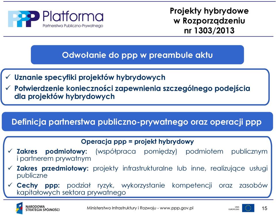 ppp = projekt hybrydowy Zakres podmiotowy: (współpraca pomiędzy) podmiotem publicznym i partnerem prywatnym Zakres przedmiotowy: projekty