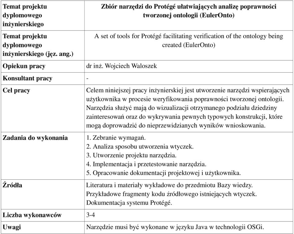 created (EulerOnto) dr inż. Wojciech Waloszek Celem niniejszej pracy inżynierskiej jest utworzenie narzędzi wspierających użytkownika w procesie weryfikowania poprawności tworzonej ontologii.