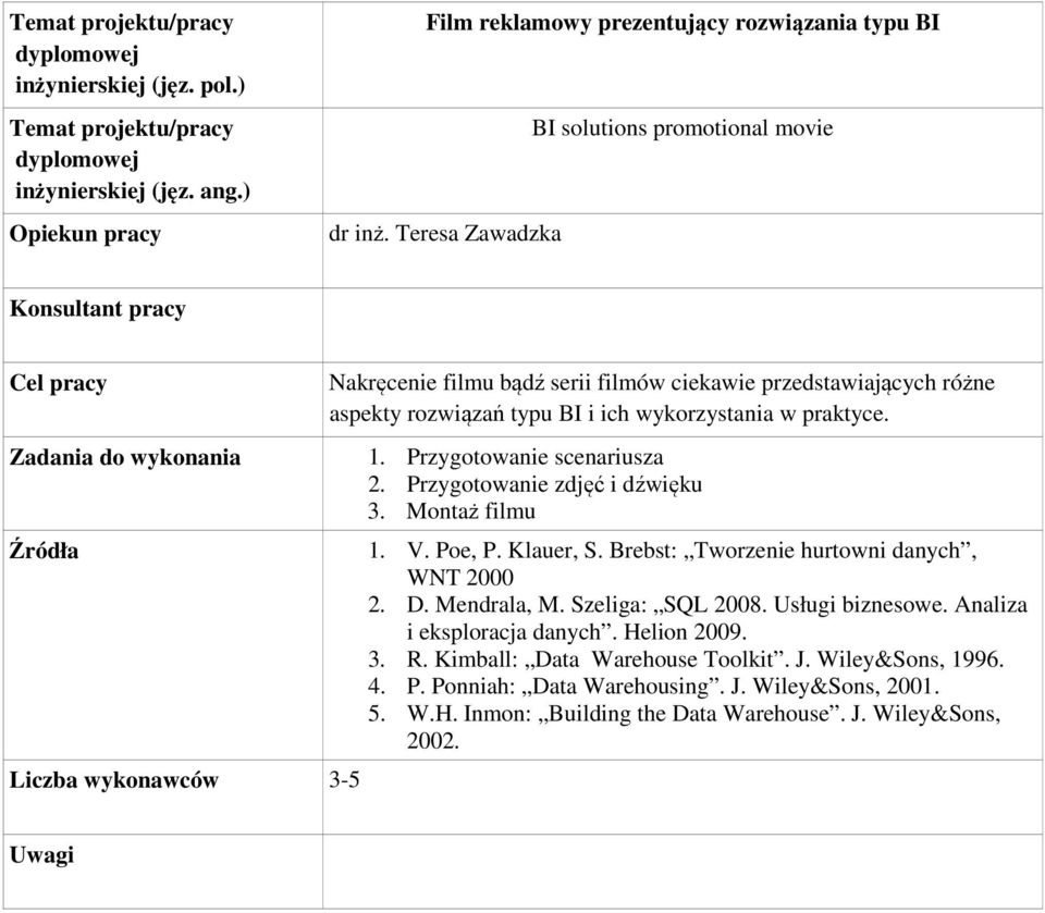 wykorzystania w praktyce. 1. Przygotowanie scenariusza 2. Przygotowanie zdjęć i dźwięku 3. Montaż filmu 1. V. Poe, P. Klauer, S.