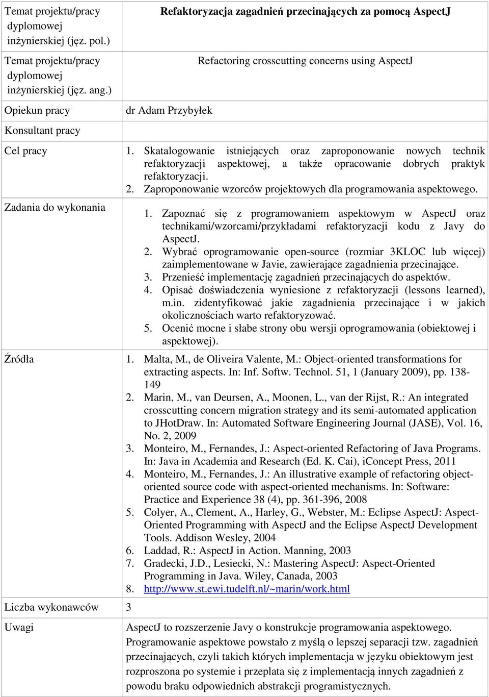 Zaproponowanie wzorców projektowych dla programowania aspektowego. Liczba wykonawców 3 1.
