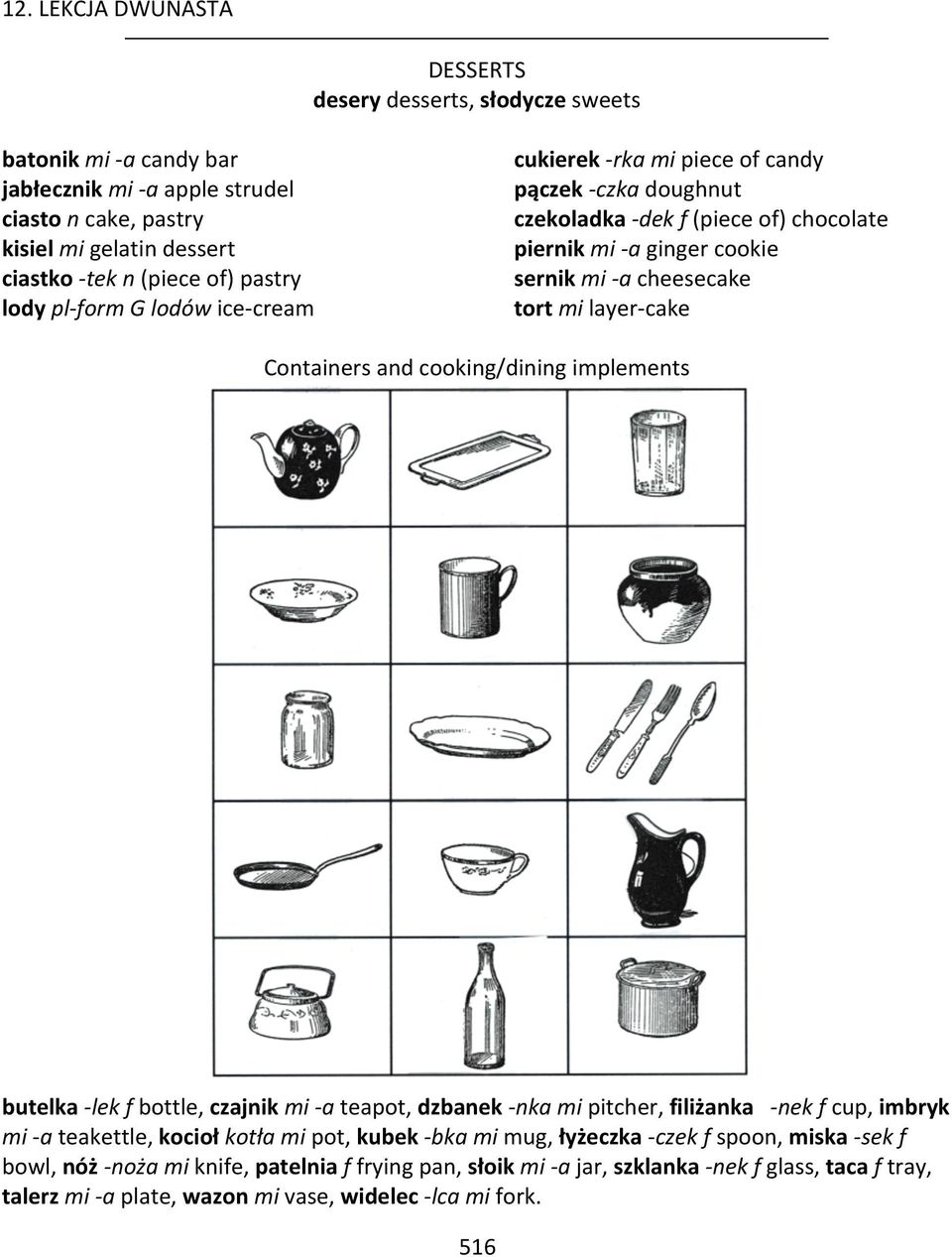kawa, mleko; piwo, sok; sok, wódka; wino, woda sodowa; gorące mleko, miód; kiełbasa, musztarda; szynka, chrzan; jajko, majonez; ryba, oc(e)t; makaron, cuk(ie)r; bułka, masło. a. b. 12.1. 12.2. A little of.