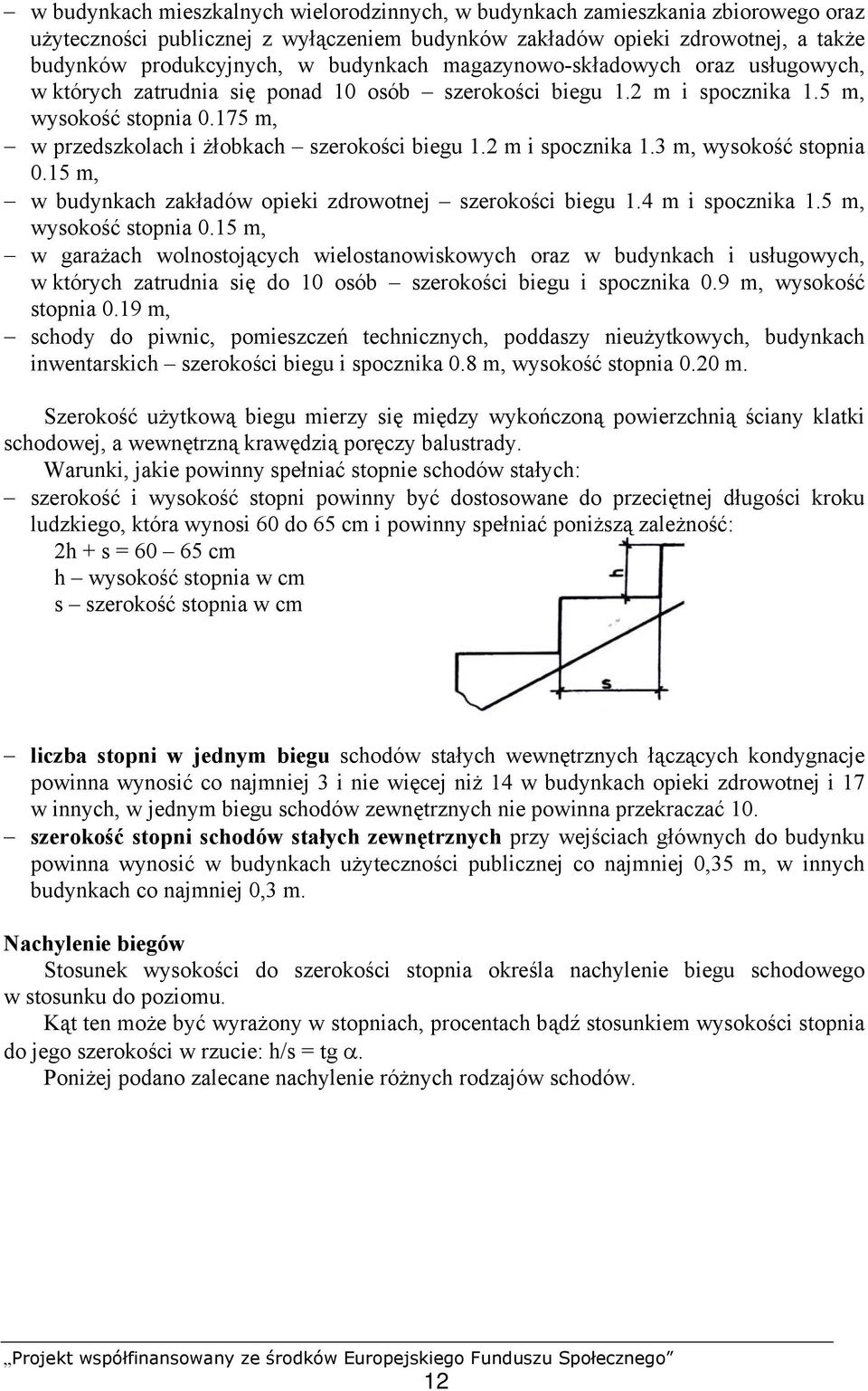 175 m, w przedszkolach i żłobkach szerokości biegu 1.2 m i spocznika 1.3 m, wysokość stopnia 0.15 m, w budynkach zakładów opieki zdrowotnej szerokości biegu 1.4 m i spocznika 1.