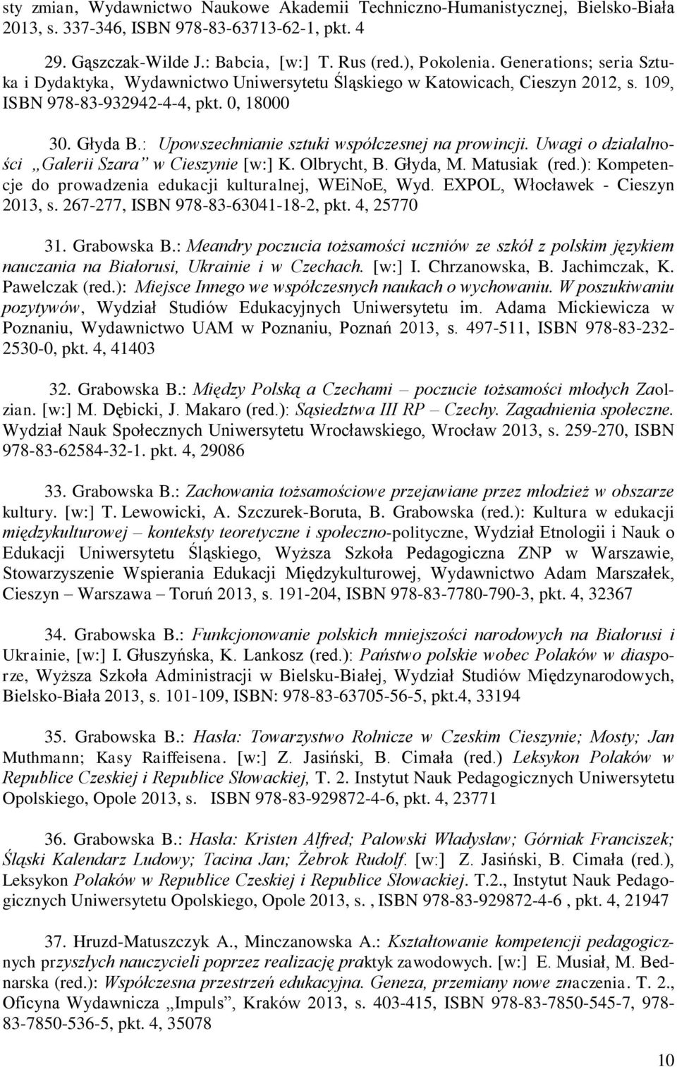 : Upowszechnianie sztuki współczesnej na prowincji. Uwagi o działalności Galerii Szara w Cieszynie [w:] K. Olbrycht, B. Głyda, M. Matusiak (red.